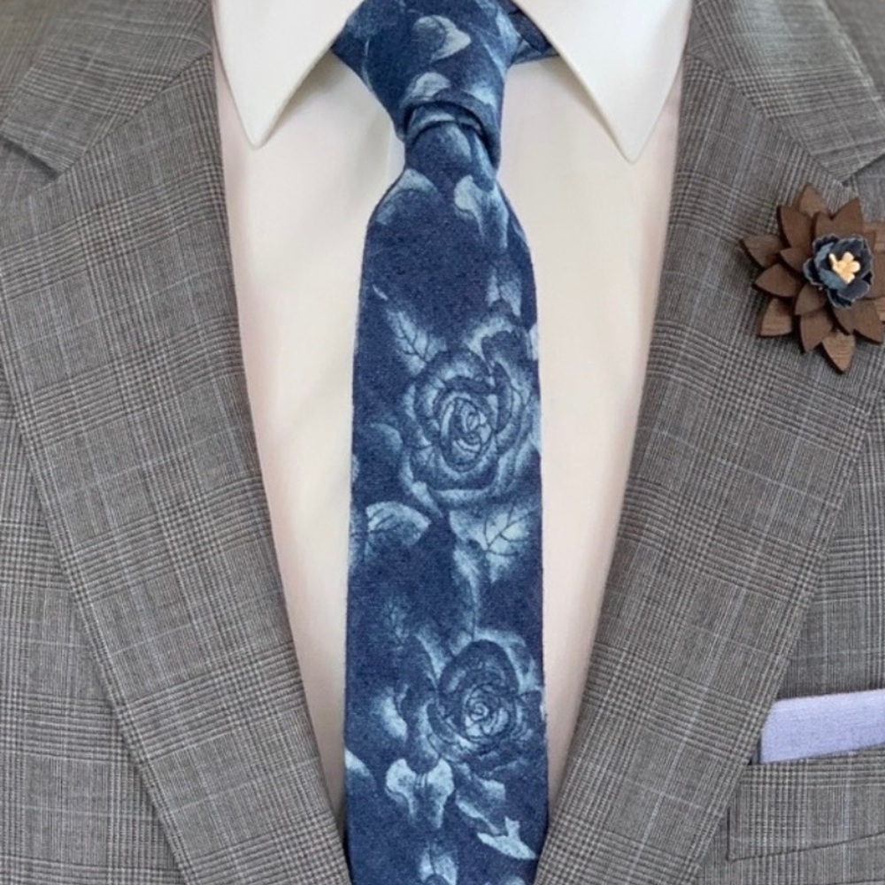 Men's Blue Denim Style Floral Slim Necktie
